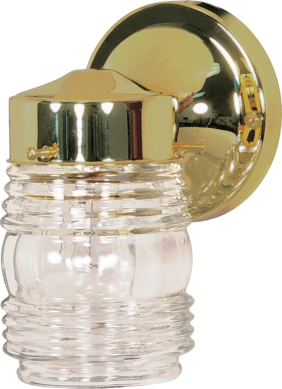 Nuvo 1-Light 6" Porch Wall Light w/ Clear Mason Jar in Polished Brass Finish
