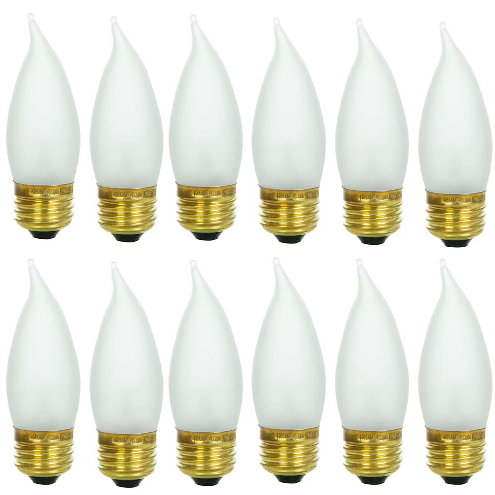 12Pk - Sunlite 25w Incandescent Flame Tip Chandelier E26 Base Frosted Bulb