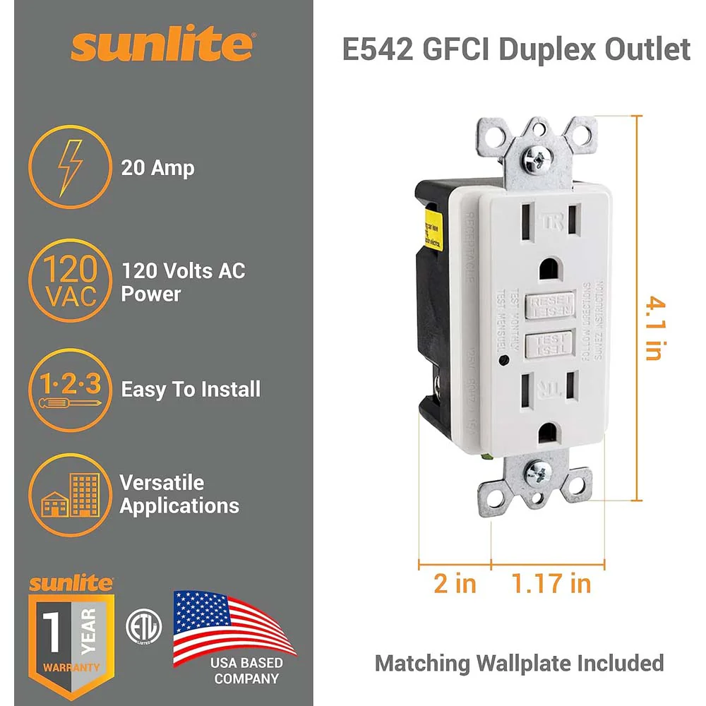 Sunlite E545 GFCI Duplex Electrical Outlet 20 Amp 120v Included LED Indicator Light - Image 2