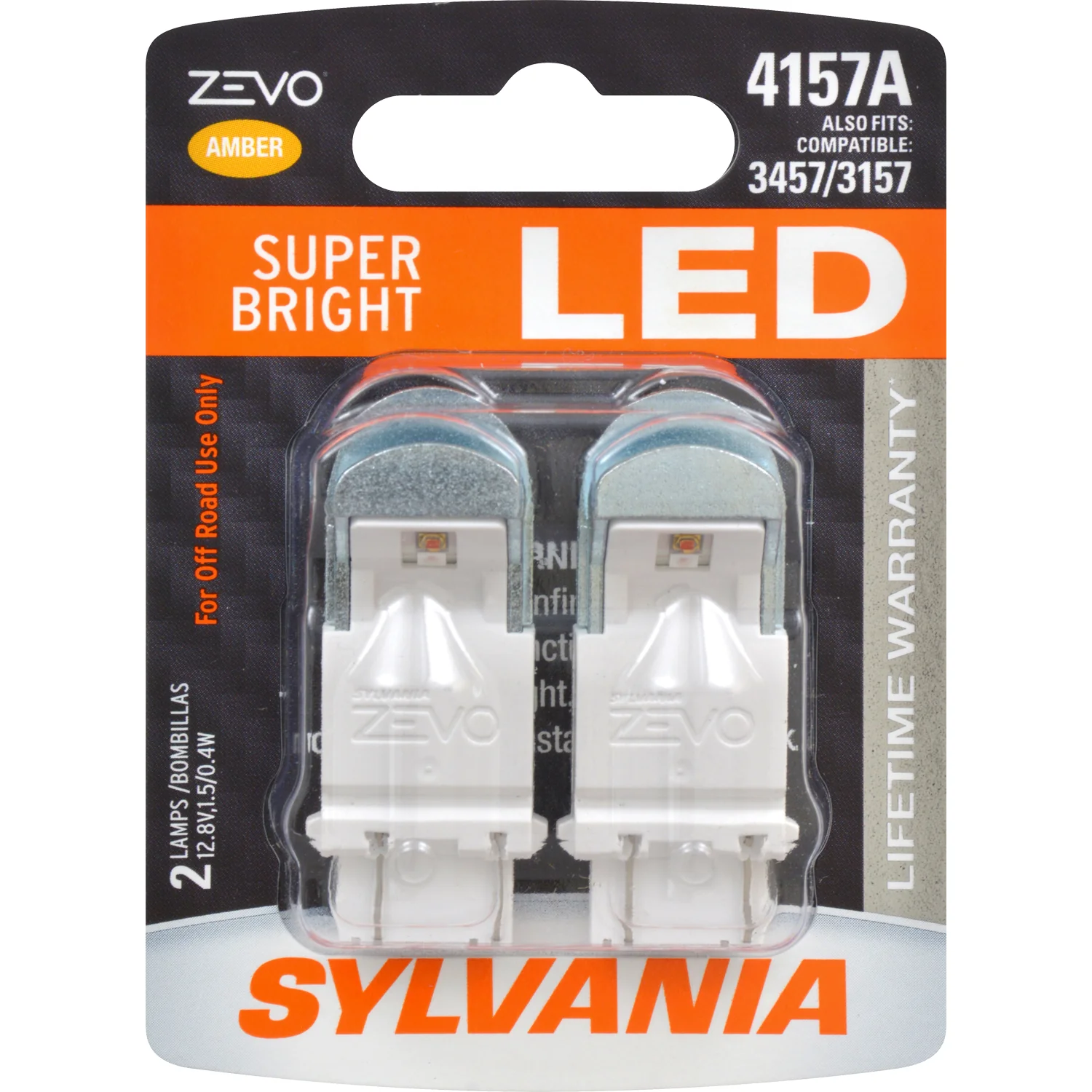 2-PK SYLVANIA ZEVO 4157 Amber LED Automotive Bulb - also fits 3457 & 3157