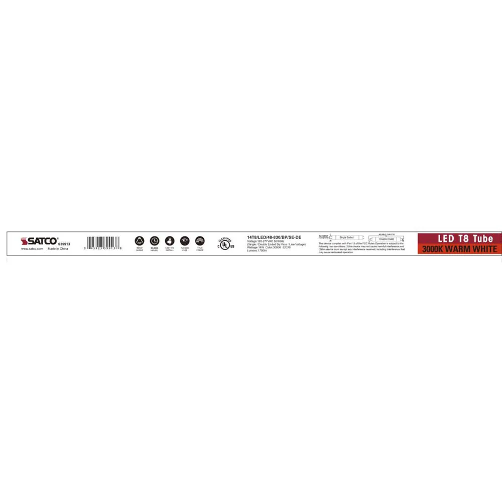 25Pk - Satco 14W 48in T8 LED Tube 3000K 1700LM G13 Base Ballast Bypass - Image 6