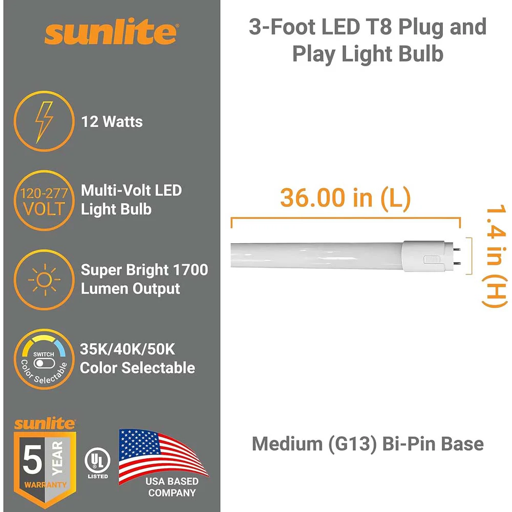 25Pk - Sunlite 12w 3-FT LED T8 Glass Tube Bulb CCT Tunable G13 Base 120-277V - Image 2