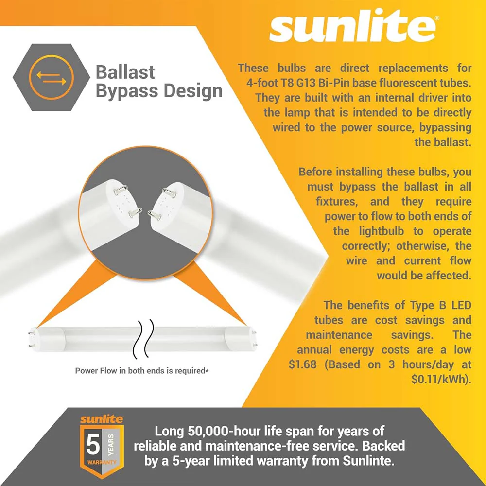 25Pk - Sunlite 14w LED T8 Light Tube 48-in G13 Base Frosted 4000K Ballast Bypass - Image 6