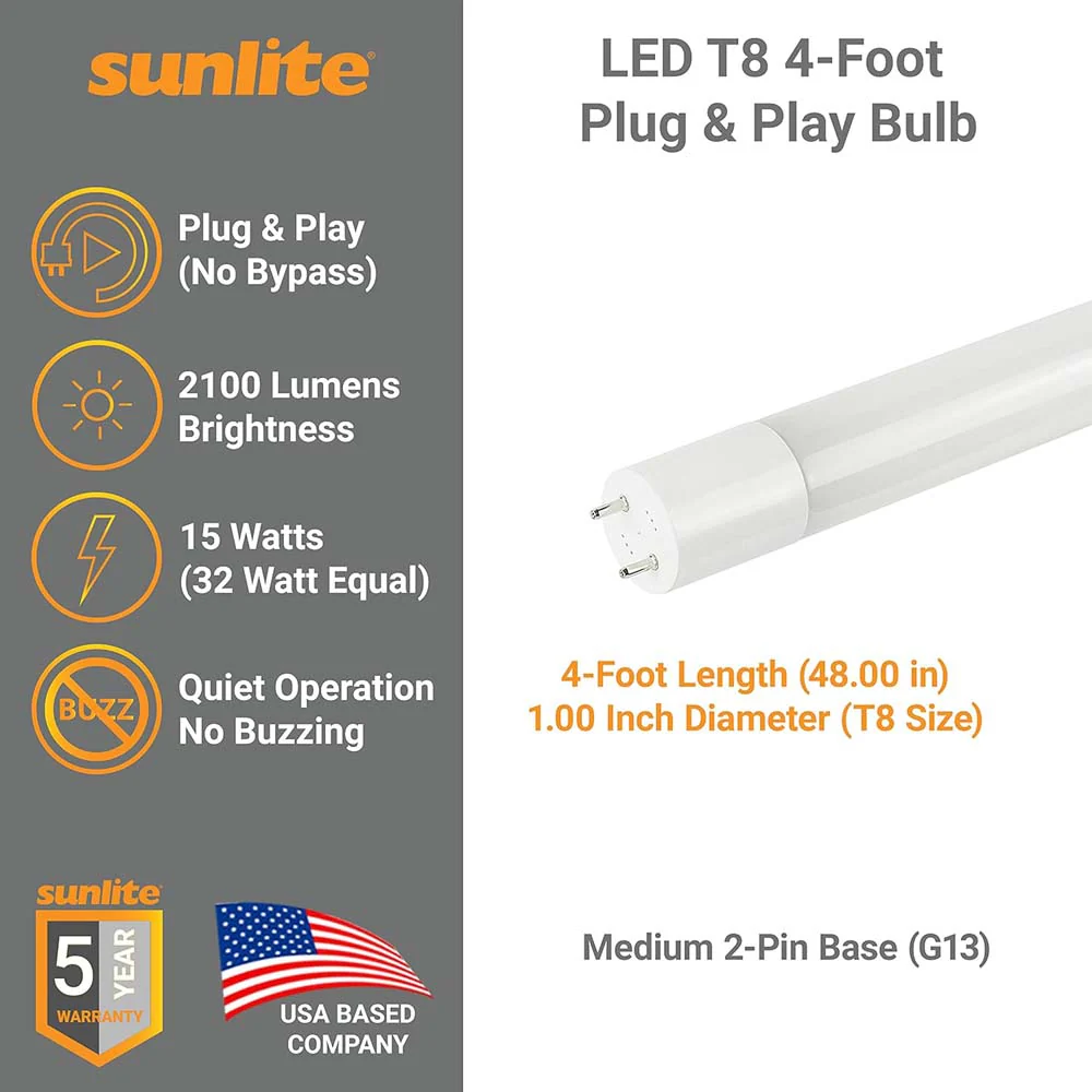 25Pk - Sunlite 15w LED T8 48-in G13 Bi-Pin Base 4000K Plug & Play light Tube - Image 2