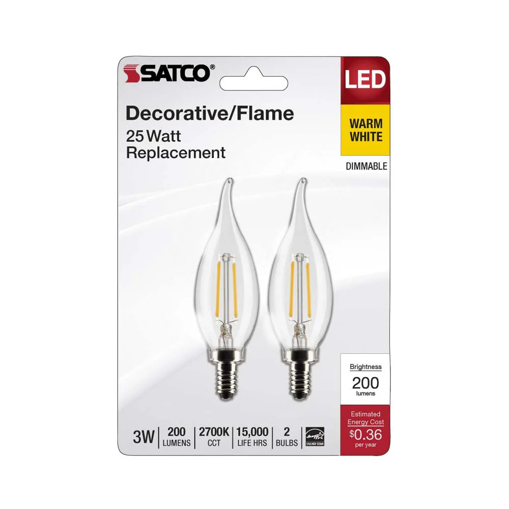 2Pk - 3W CA10 LED Clear Candelabra Base 2700K 200 Lumens 120v - Image 2