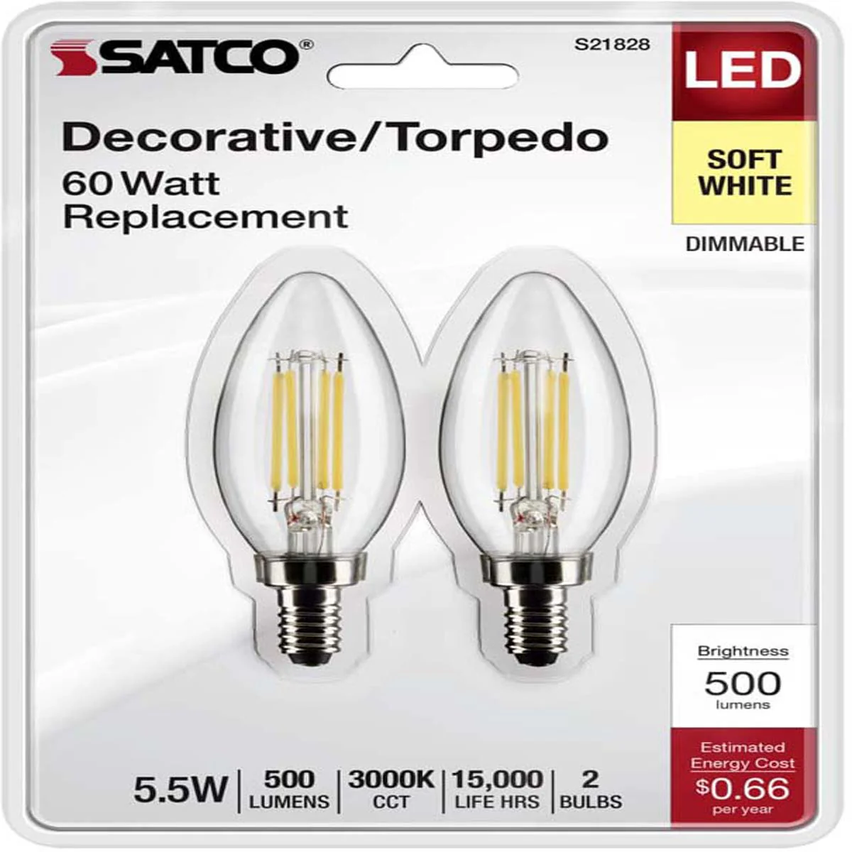 2Pk - 5.5W B11 LED Clear Candelabra Base 3000K 500 Lumens 120v