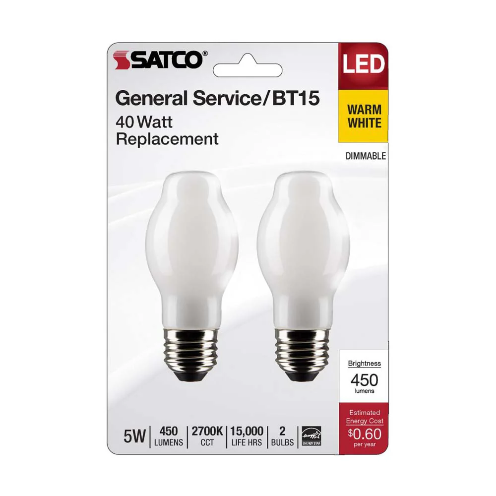2Pk - 5W BT15 LED Clear Medium Base 2700K 450 Lumens 120v - Image 2