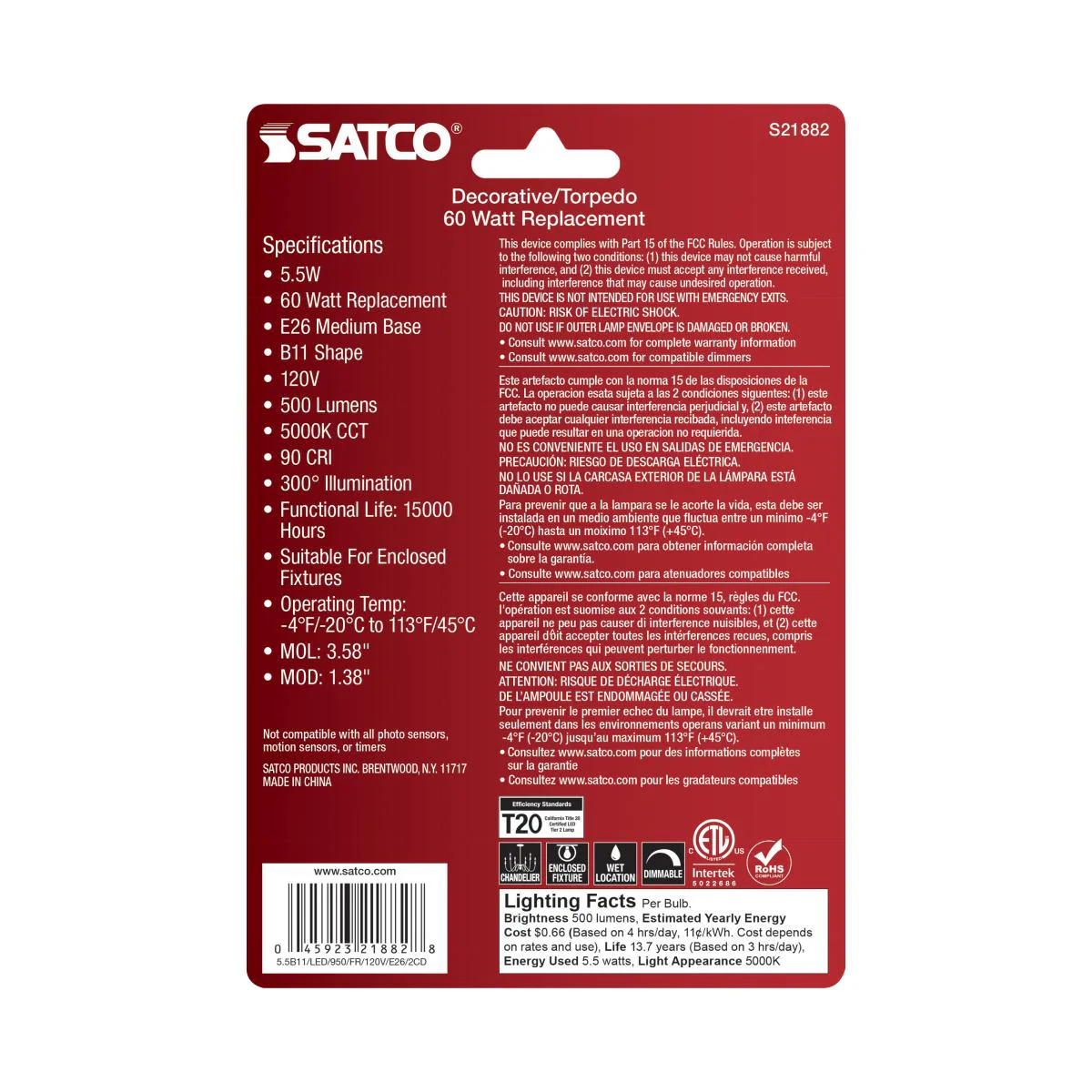 2Pk - Satco 5.5w B11 LED E26 Medium Base 5000K 120v Frosted Finish Bulb - Image 6