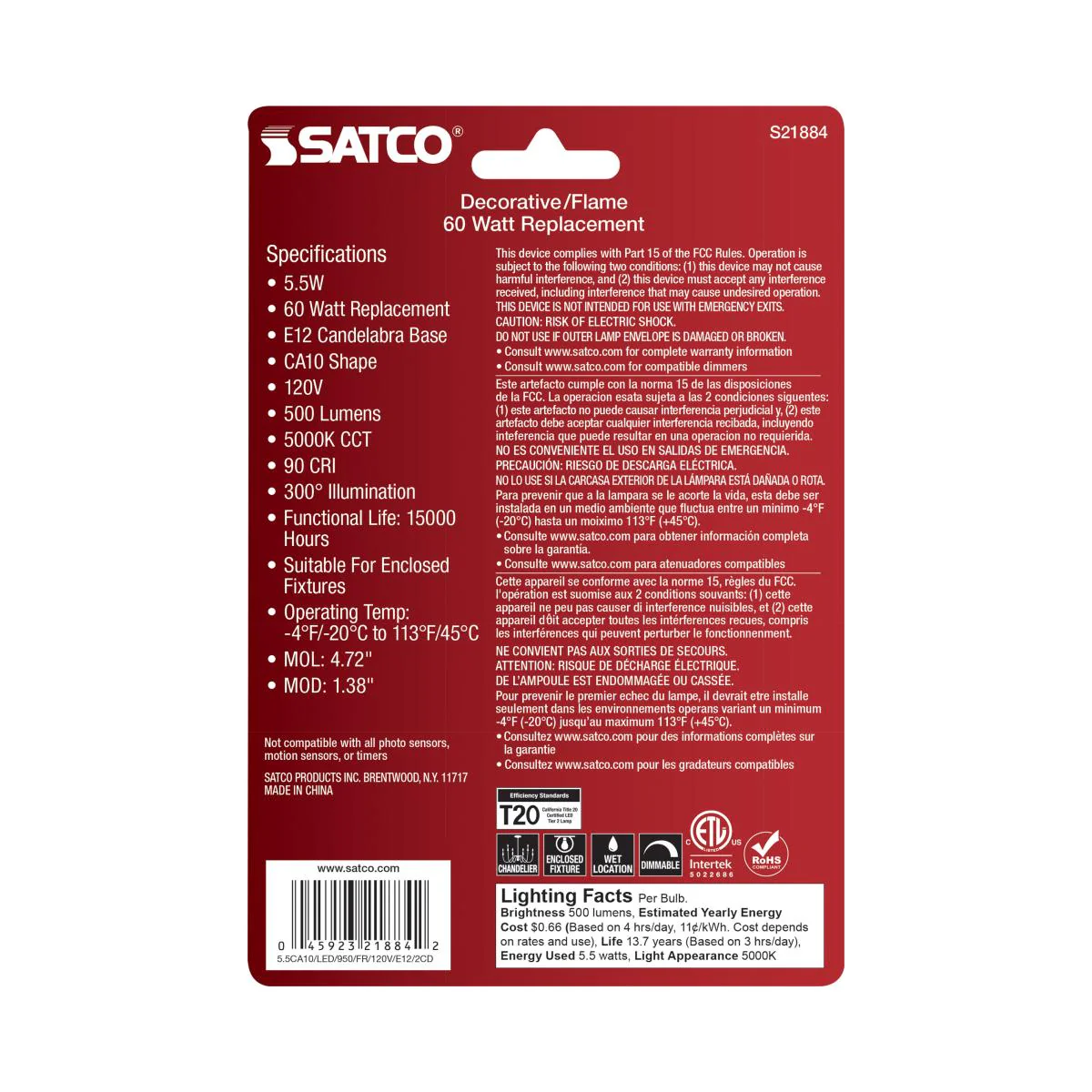 2Pk - Satco 5.5w CA10 LED E12 Candelabra Base 5000K 120v Frosted Finish Bulb - Image 6