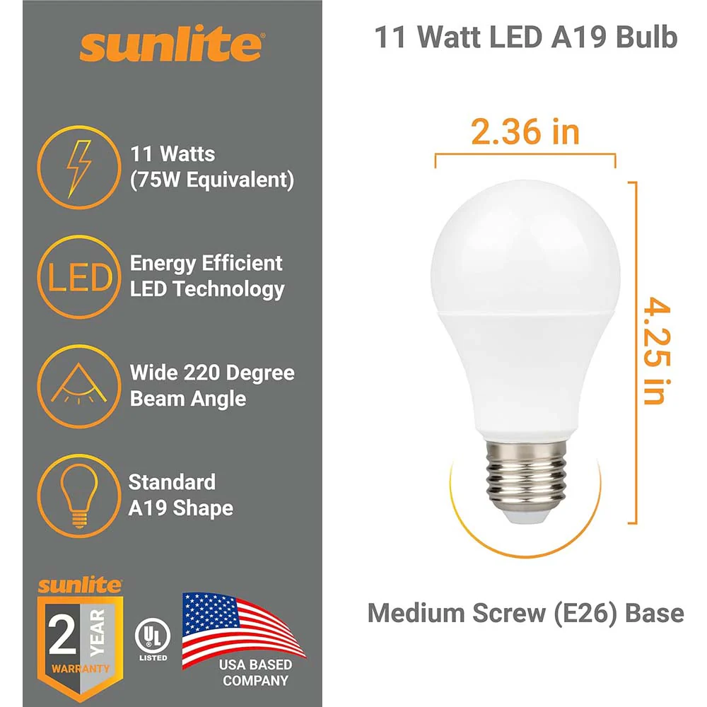 3Pk - Sunlite 11w A19 LED 4000K 1100Lm Non-Dimmable Bulb - 75W Equiv - Image 2