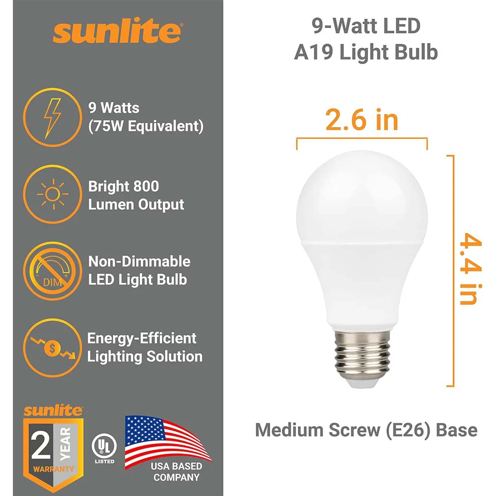 3Pk - Sunlite 9w A19 LED 2700K 800Lm Non-Dimmable Bulb - 60W Equiv - Image 2