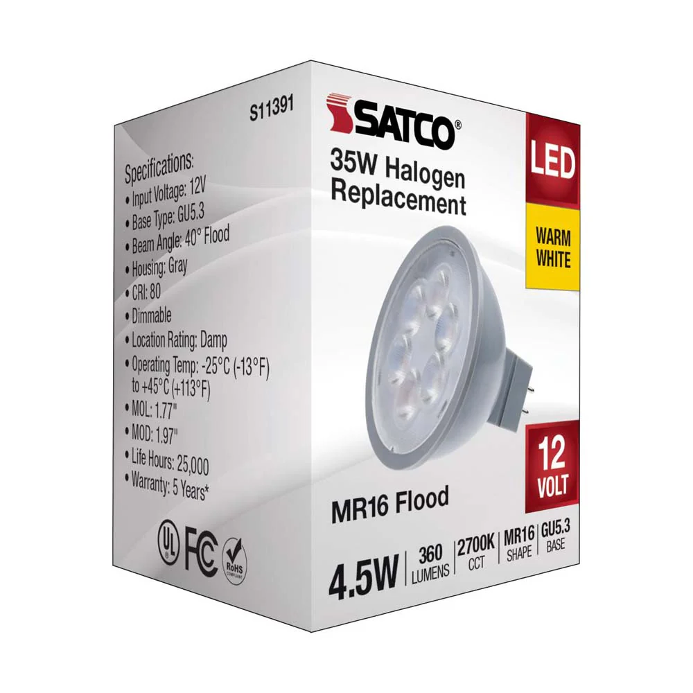 4.5W 12v MR16 LED 2700K Flood 40d 360LM GU5.3 Base Silver Finish Bulb - Image 5