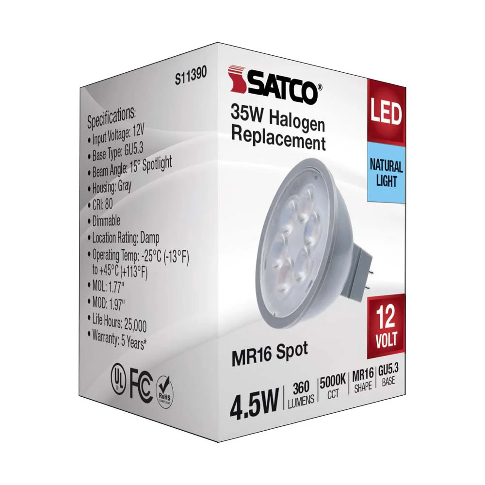 4.5W 12v MR16 LED 5000K Spot 15d 360LM GU5.3 Base Silver Finish Bulb - Image 4