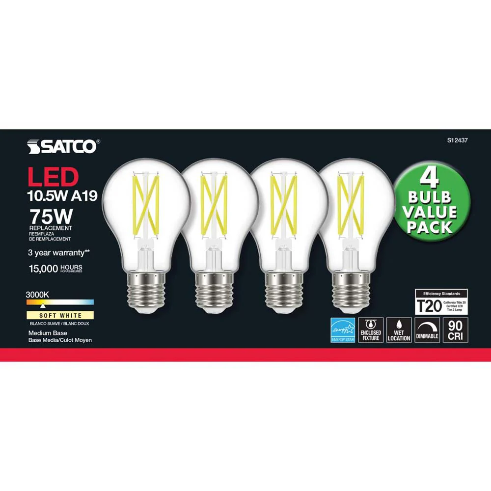 4Pk - 10.5W A19 LED Clear Medium base 3000K 120v - 75W equiv - Image 4