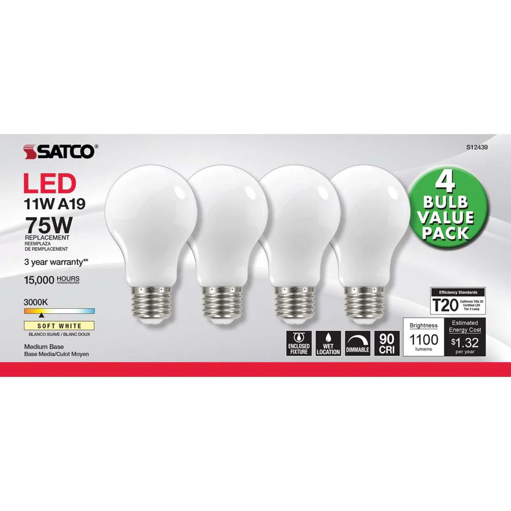 4Pk - 11W A19 LED Soft White Medium base 3000K 120v - 75W equiv - Image 3