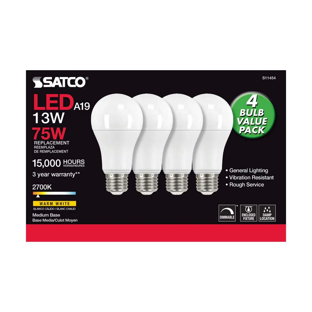4Pk - 13W A19 LED 2700K Dimmable Medium base 230 deg. Beam Angle - 75w equiv - Image 3