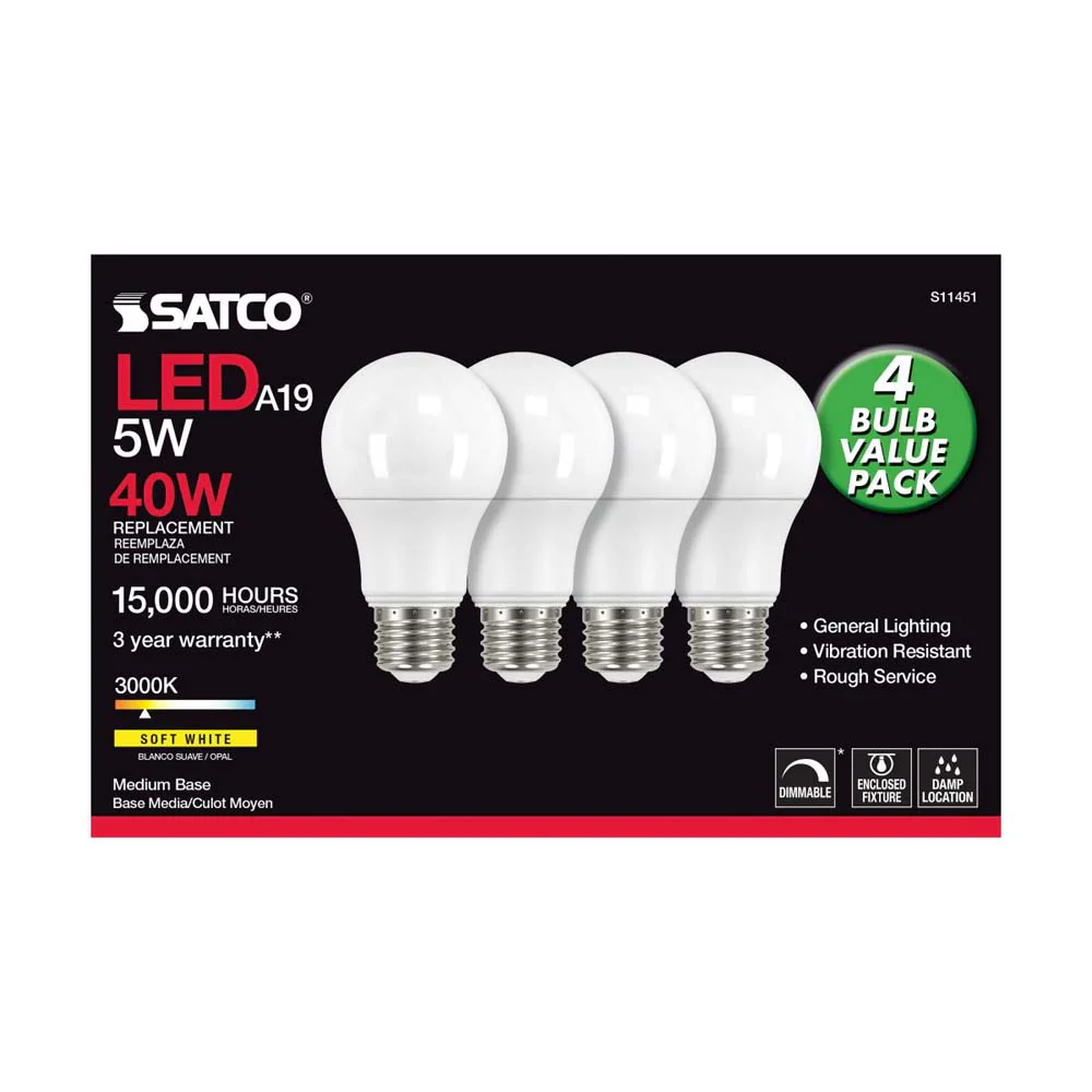 4Pk - 5W A19 LED 3000K Dimmable E26 Medium base 230 deg. Beam Angle - 40w equiv - Image 3