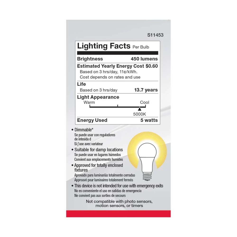 4Pk - 5W A19 LED 5000K Dimmable E26 Medium base 230 deg. Beam Angle - 40w equiv - Image 5