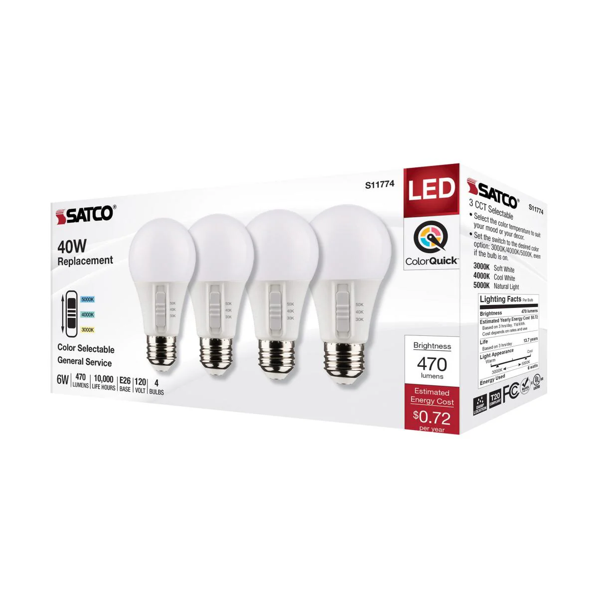 4Pk - Satco 6w A19 LED 120v CCT Selectable 90 CRI White Finish Bulb - Image 6