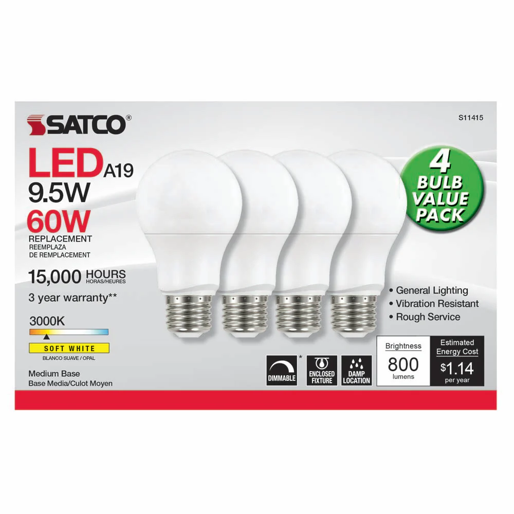 4Pk - Satco 9.5w 120v A19 LED Bulb 3000k Soft White - 60w-equiv