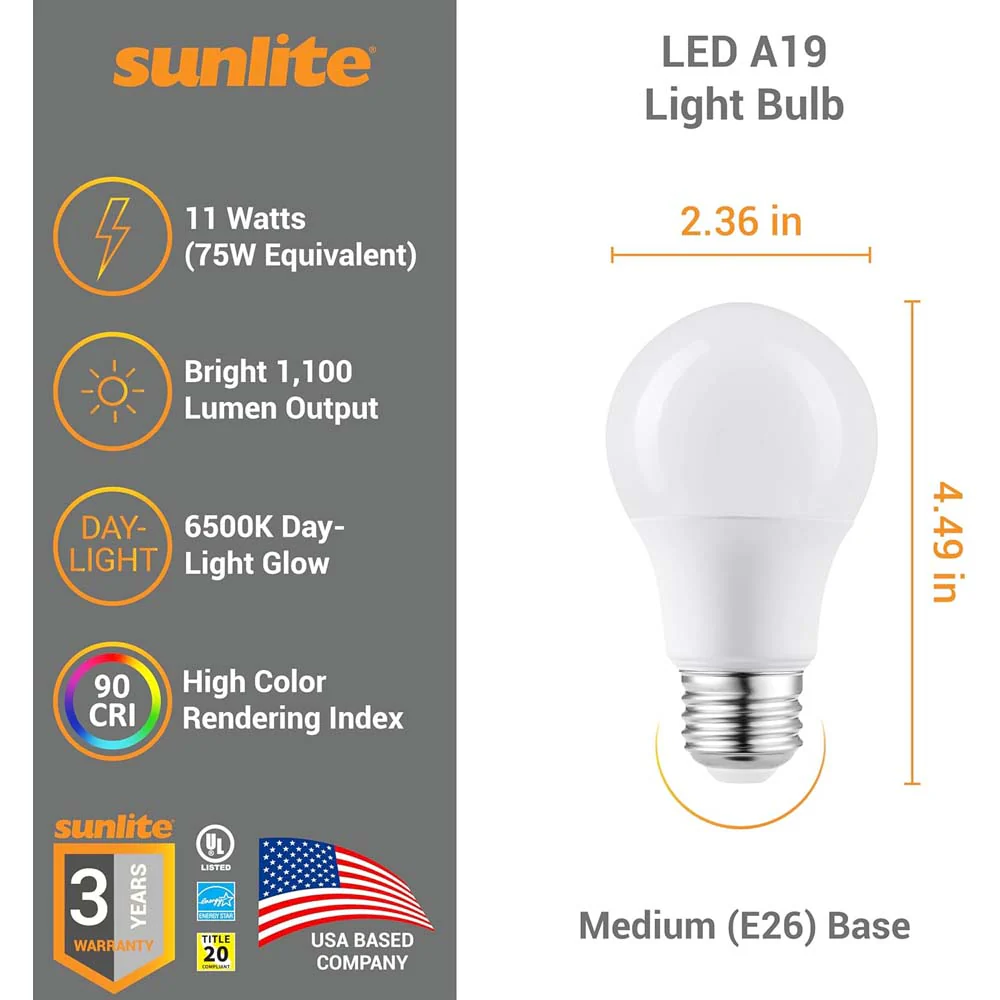 6Pk - Sunlite 11w LED A19 1100Lm 120V E26 Base 6500K Daylight Bulb - 75w equiv - Image 2