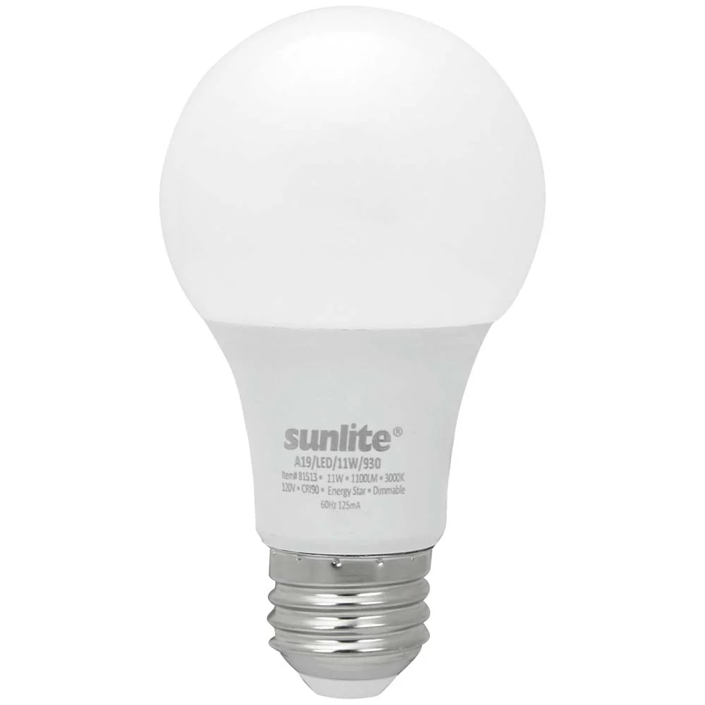 6Pk - Sunlite 11w LED A19 Dimmable 3000K Warm White Bulb - 75W Equiv