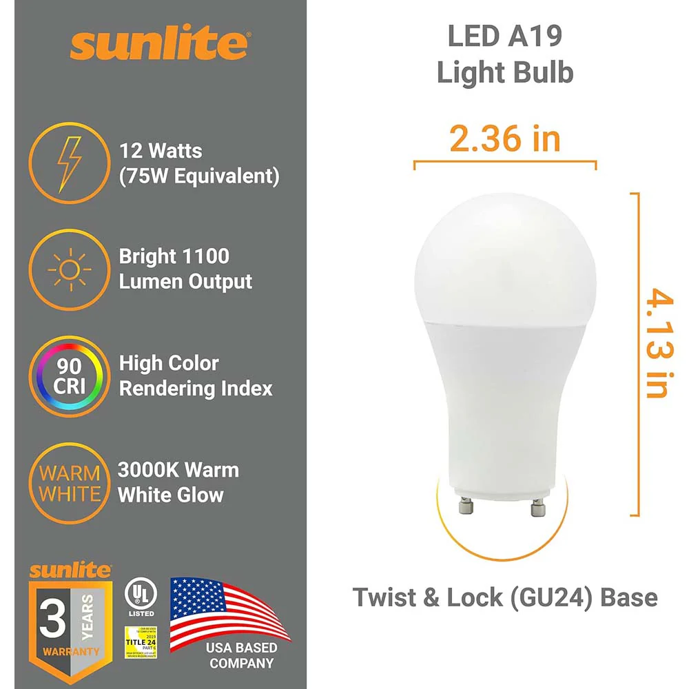 Sunlite 12w LED A19 GU24 Base 120v Dimmable 3000K Bulb - 75w Equiv - Image 2