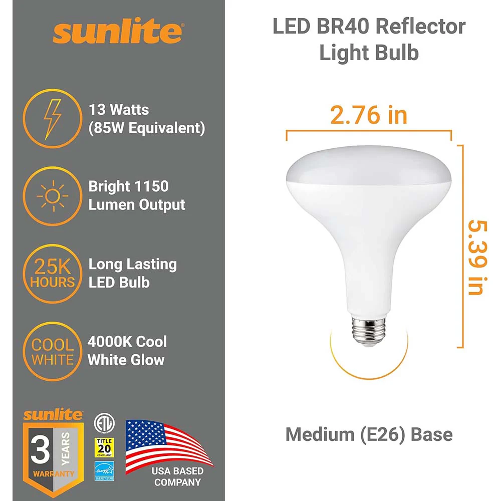 Sunlite 13w LED BR40 Reflector E26 Base Dimmable 4000K Bulb - 85w Equiv - Image 3