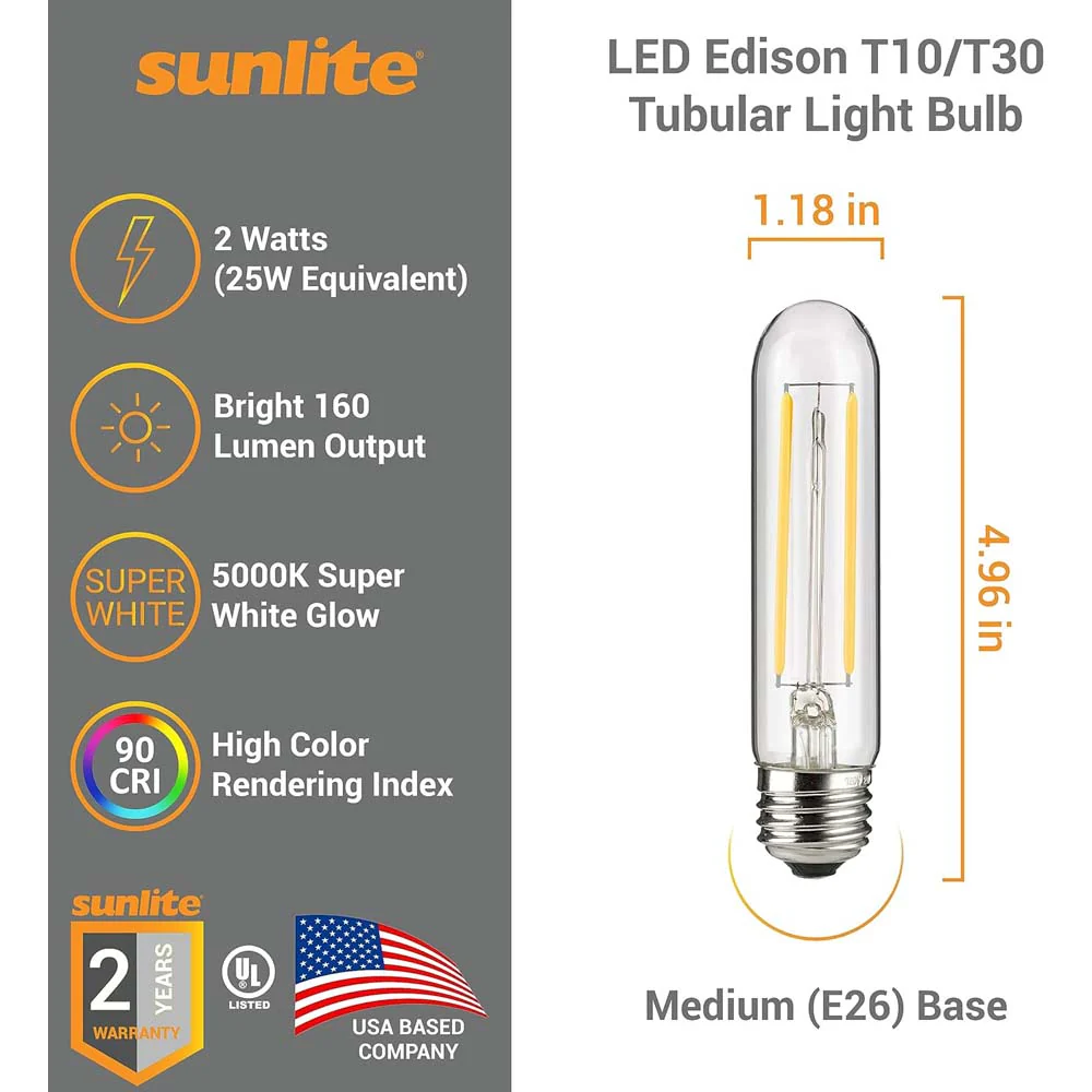 6Pk - Sunlite 2w LED Edison T10/T30 Tubular E26 5000K Bulb - 25W Equiv - Image 2