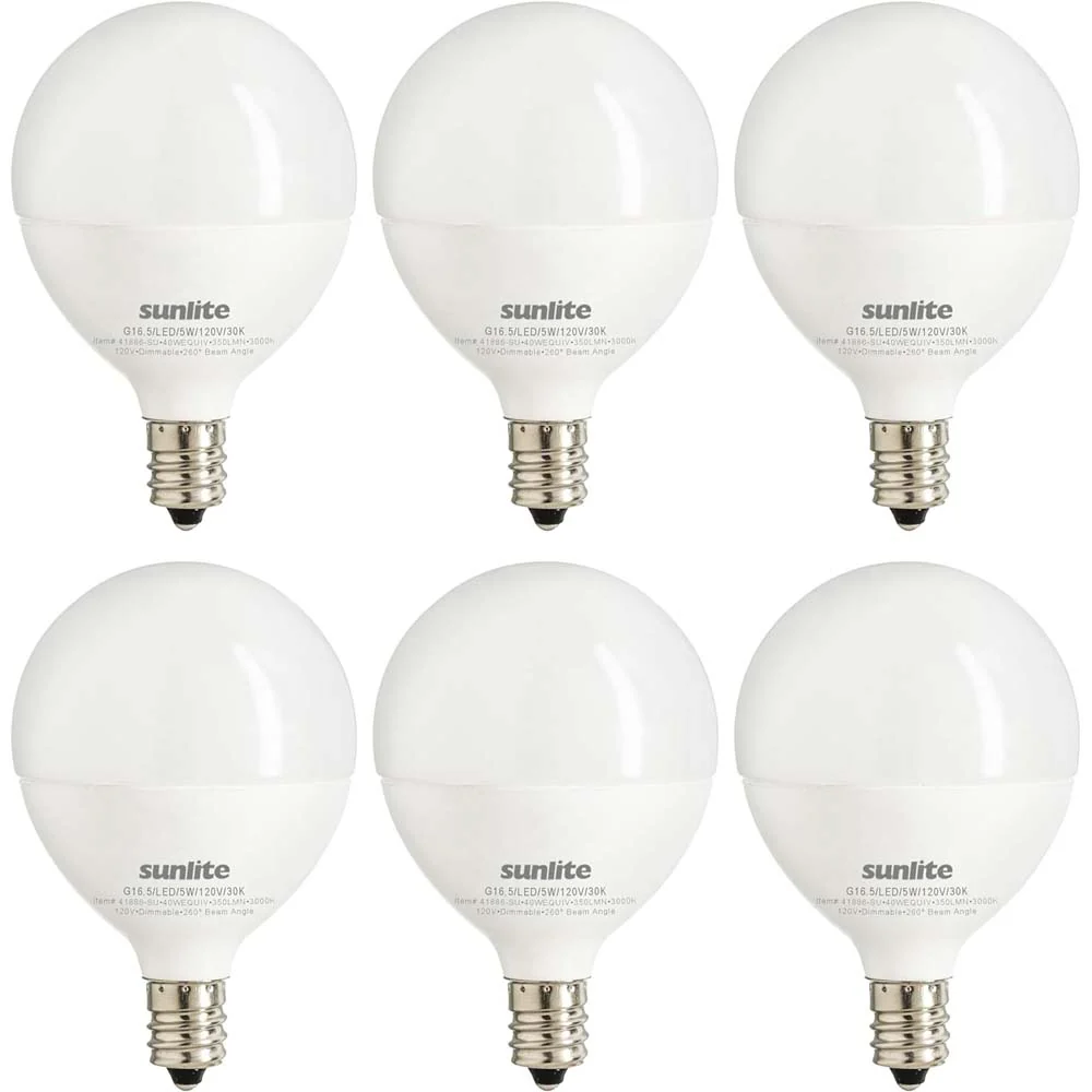 6Pk - Sunlite 5w LED G16.5 Frosted Globe E12 Base 4000K Bulb - 40W Equiv