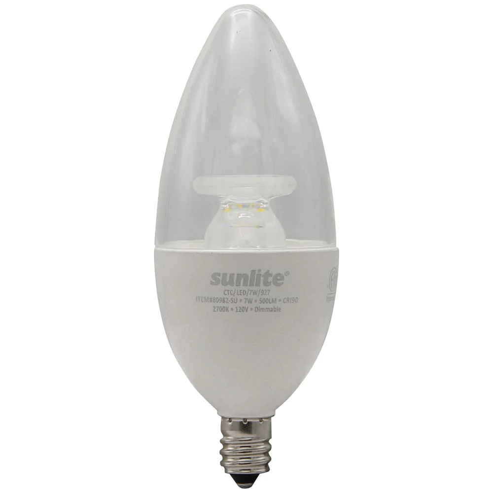 Sunlite 7w LED B12 Chandelier CTC E12 Base 2700K Bulb - 60W Equiv