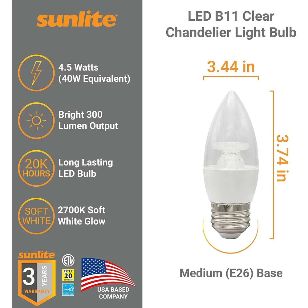 Sunlite 7w LED B12 Chandelier CTC E12 Base 2700K Bulb - 60W Equiv - Image 2
