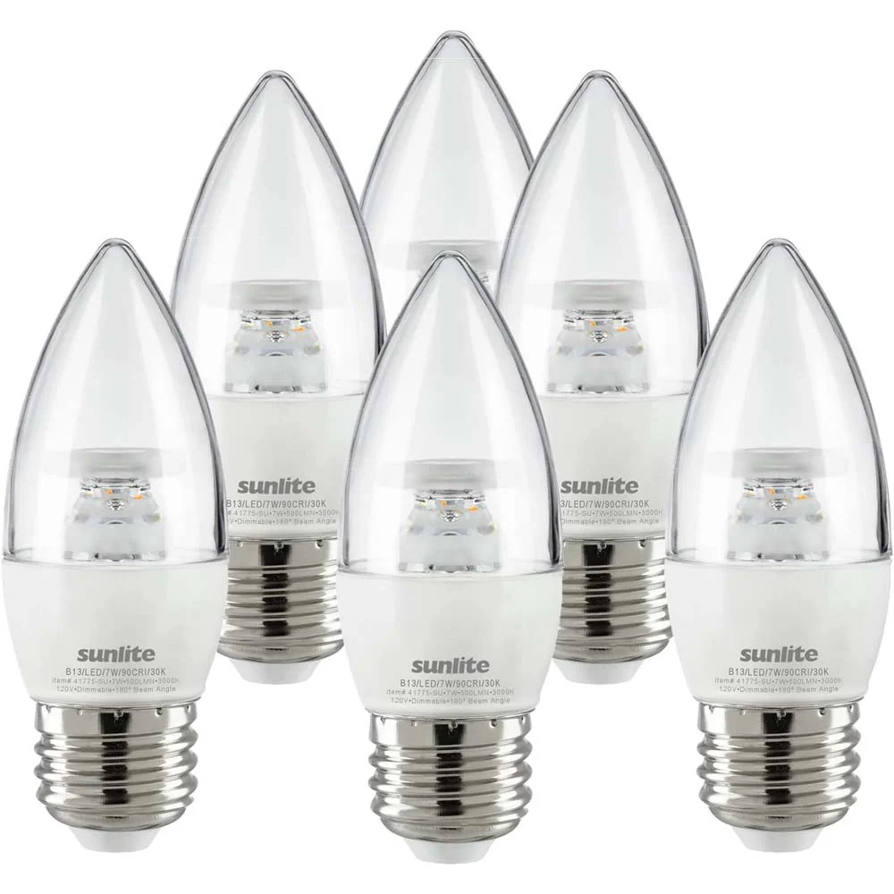 6Pk - Sunlite 7w LED B13 Decorative Chandelier E26 3000K Bulb - 60W Equiv