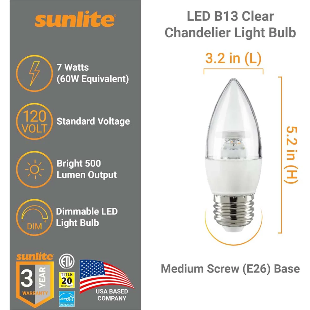 6Pk - Sunlite 7w LED B13 Decorative Chandelier E26 3000K Bulb - 60W Equiv - Image 2