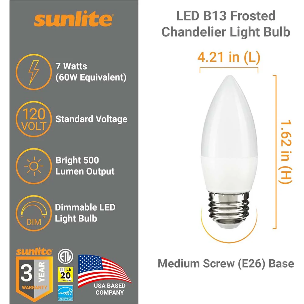 6Pk - Sunlite 7w LED B13 Decorative Chandelier E26 3000K Bulb - 60W Equiv - Image 2