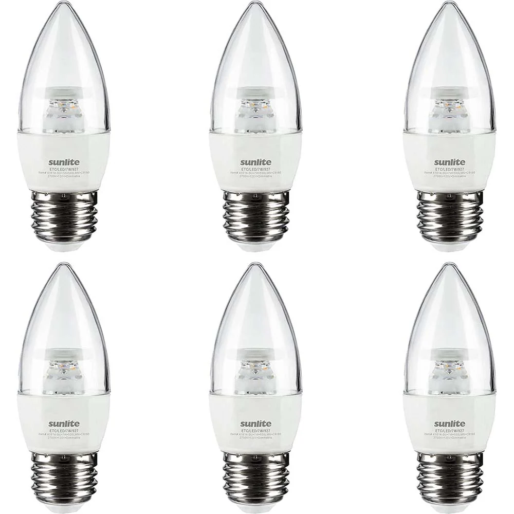 6Pk - Sunlite 7w LED Torpedo Tip B10 Clear Chandelier E26 2700K Bulb - 60W Equiv
