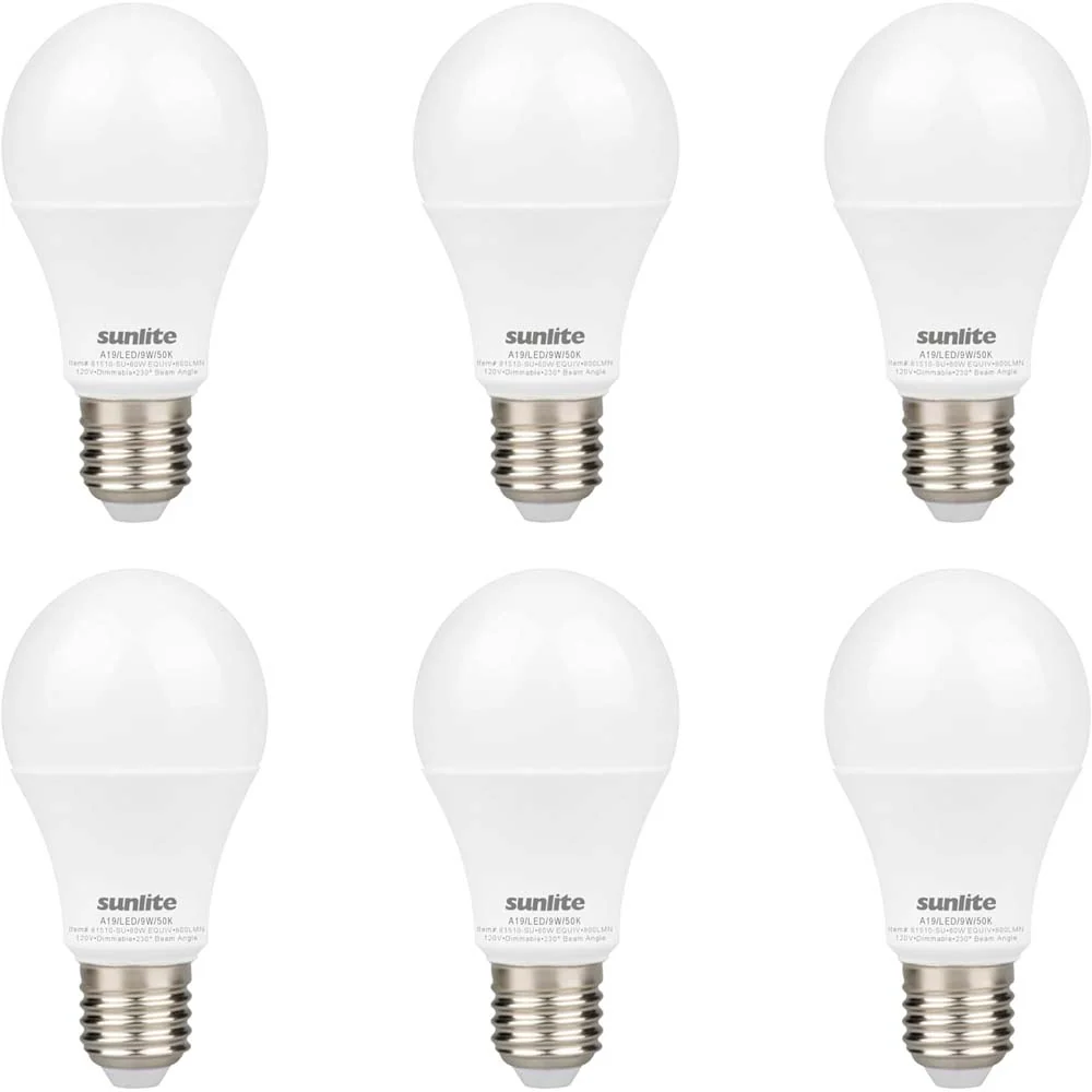 6Pk - Sunlite 9w A19 LED 800Lm 120V Dimmable E26 Base 5000K Bulb - 60wequiv