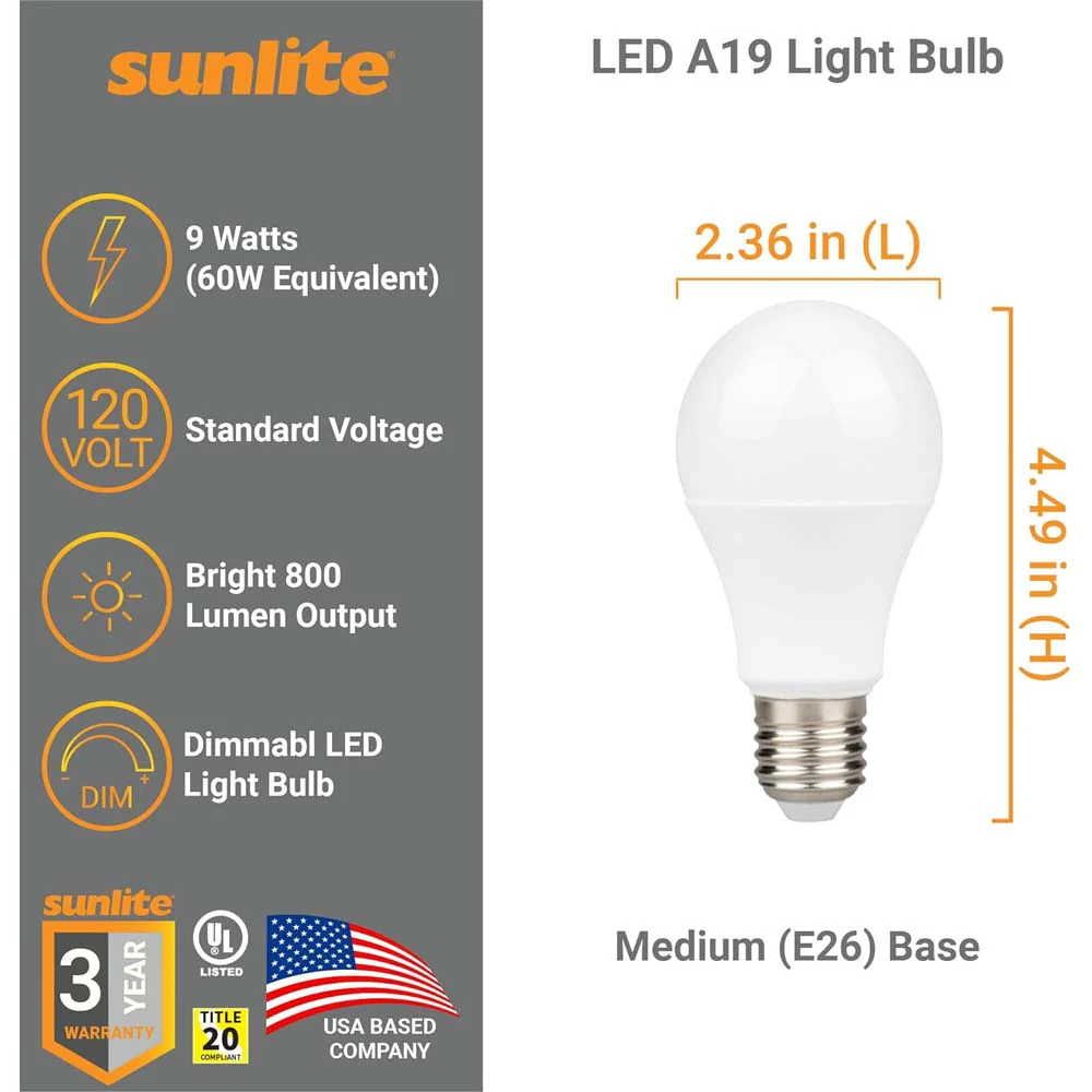 Sunlite 9w LED A19 Dimmable 3000K Warm White Bulb - 60W Equiv - Image 2