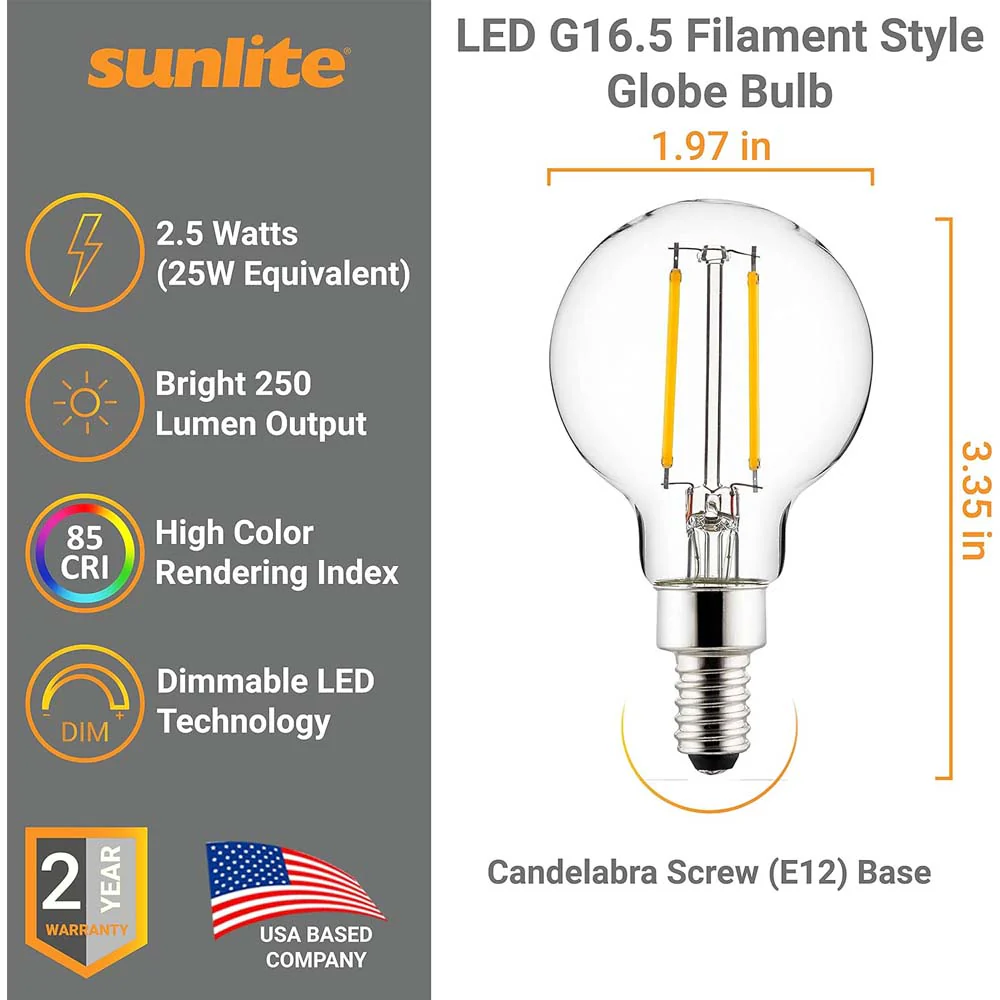 6Pk - Sunlite LED 2.5w G16.5 Globe E12 Base 5000K Bulb - 25W Equiv - Image 2