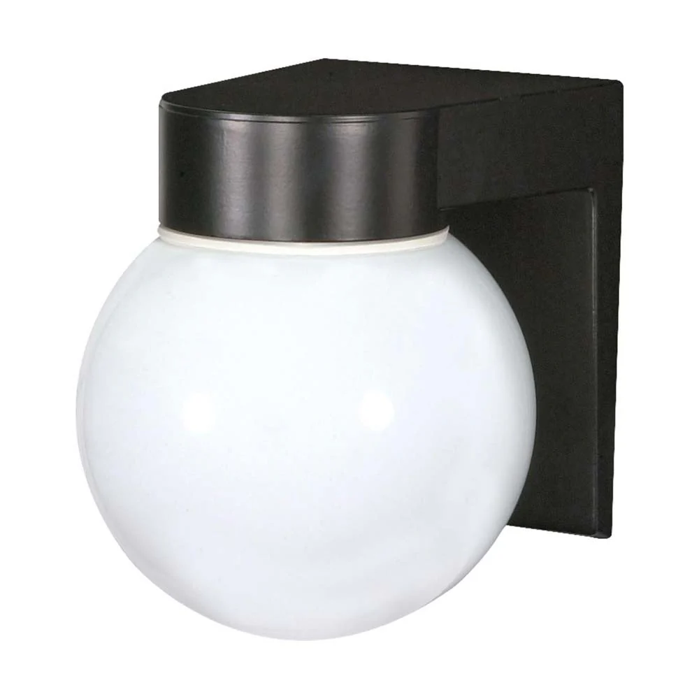 8-in Utility Wall Mount w/ White Glass Globe Black Finish