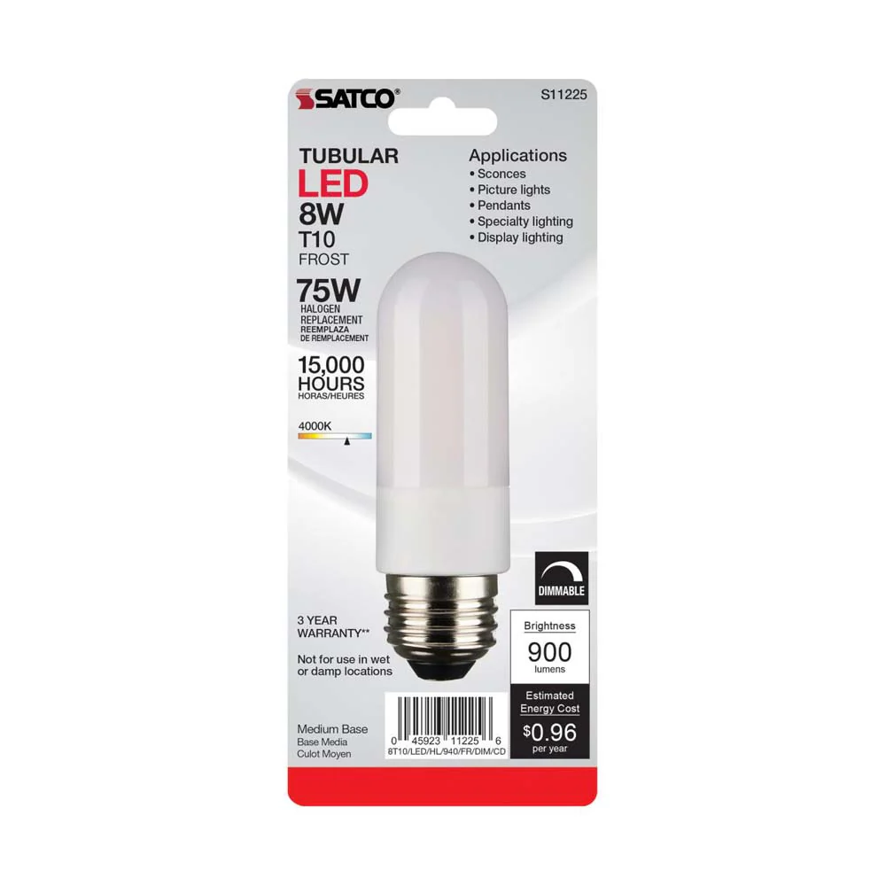8W 120v T10 LED Frosted E26 4000K High Lumen Tubular Bulb Carded - 60w equiv - Image 3