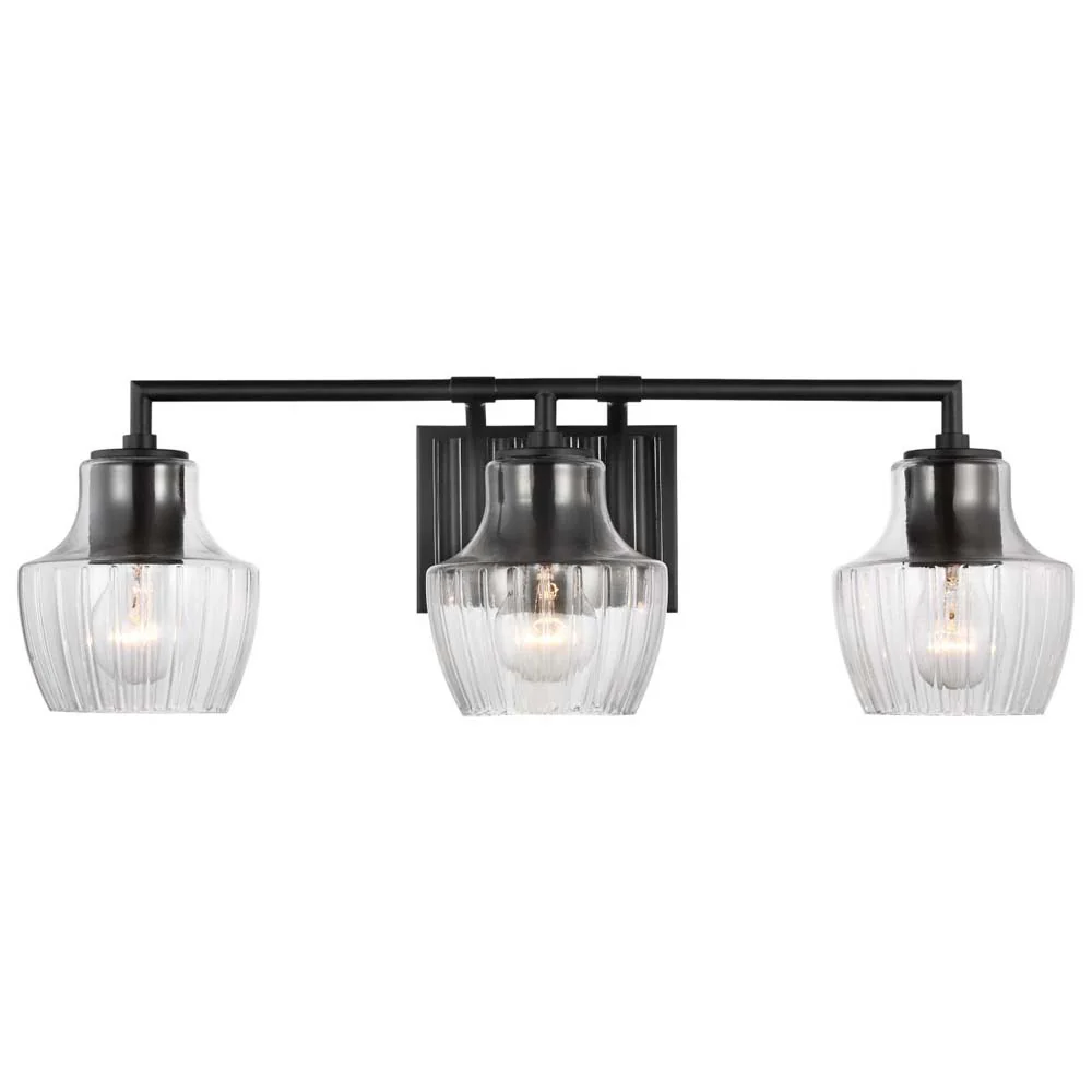 Destin 3-Light Vanity E26 Base 60w Black & Silver Finish Clear Ribbed Glass - Image 2