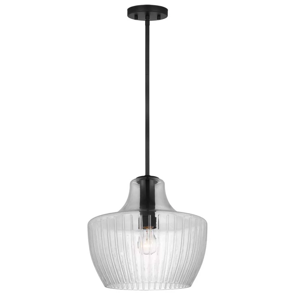 Destin Medium Pendant E26 Base Black & Silver Finish Clear Ribbed Glass