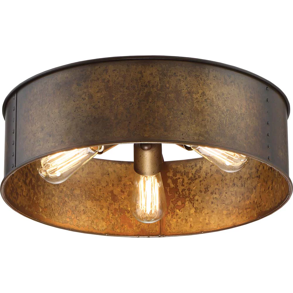 Kettle 3-Light Flush Mounted Light Fixture in Weathered Brass Finish