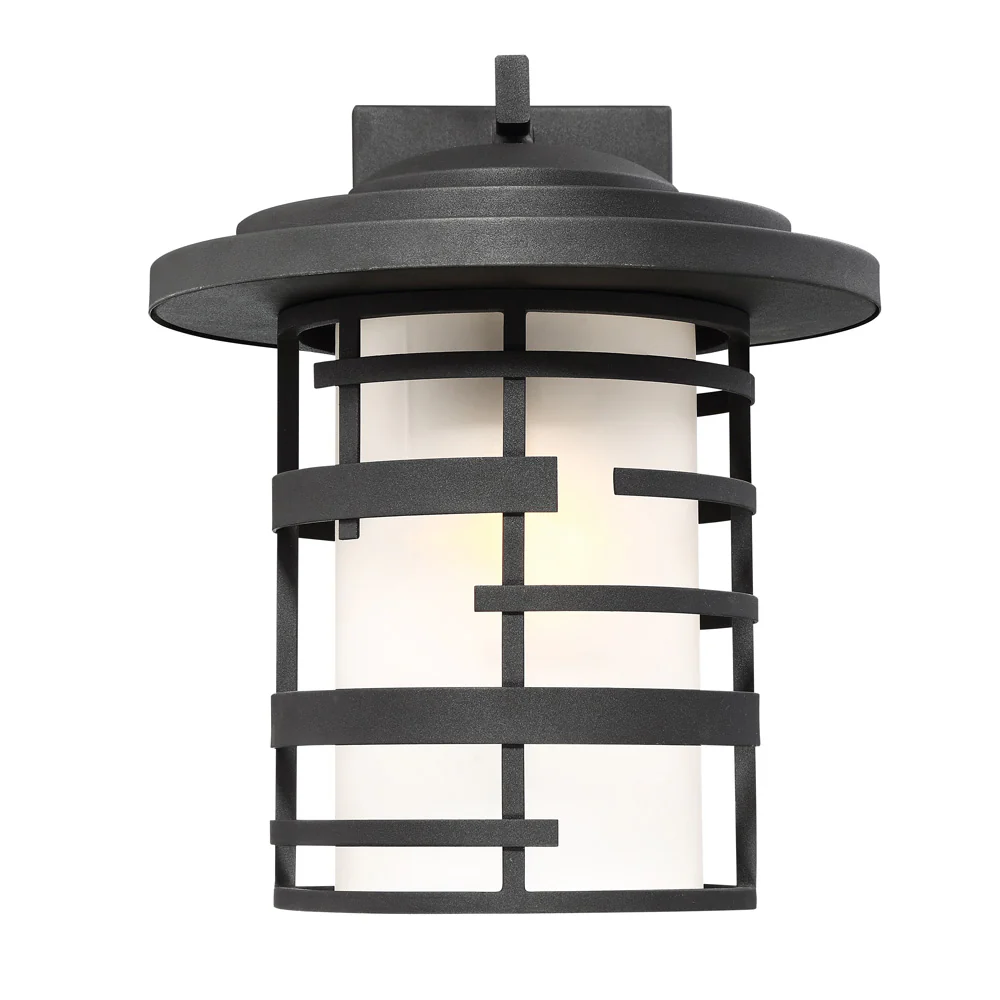 Nuvo Lansing 1-Light 14" Wall Lantern w/ Etched Glass in Textured Black Finish