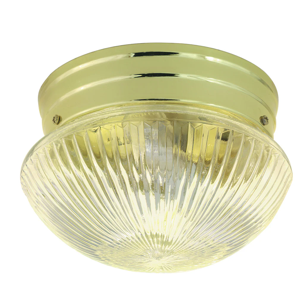 Nuvo 2-Light 10" Flush Mount w/ Clear Ribbed Mushroom in Polished Brass Finish