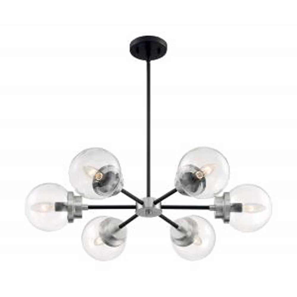 Nuvo Axis 6-Light Chandelier w/ Clear Glass in Matte Black & Brushed Nickel