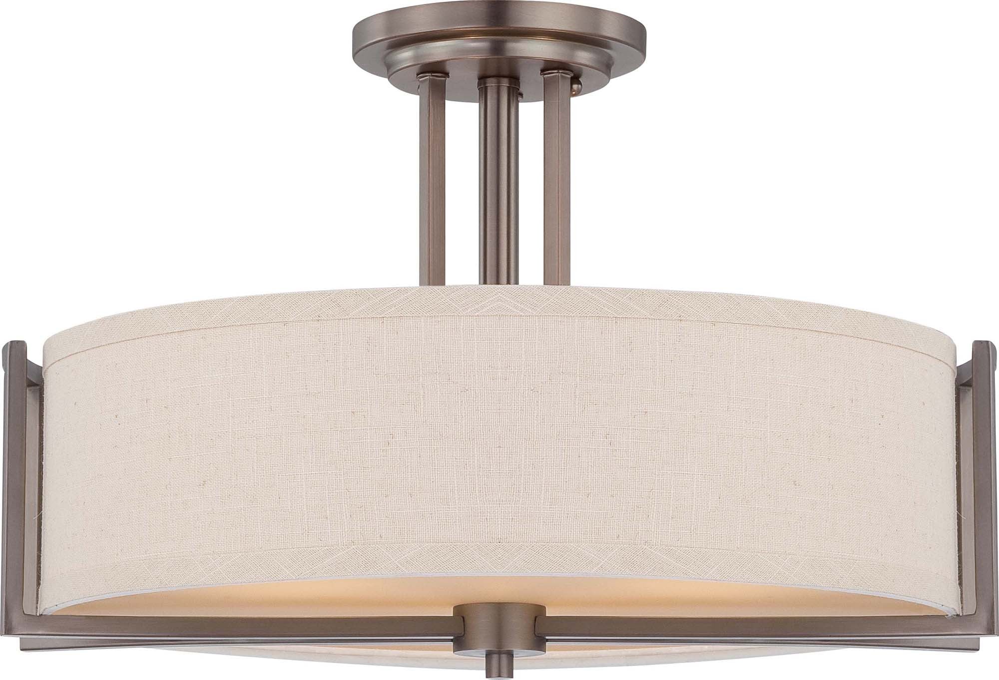 Nuvo Gemini - 3 Light Semi Flush Fixture w/ Khaki Fabric Shade