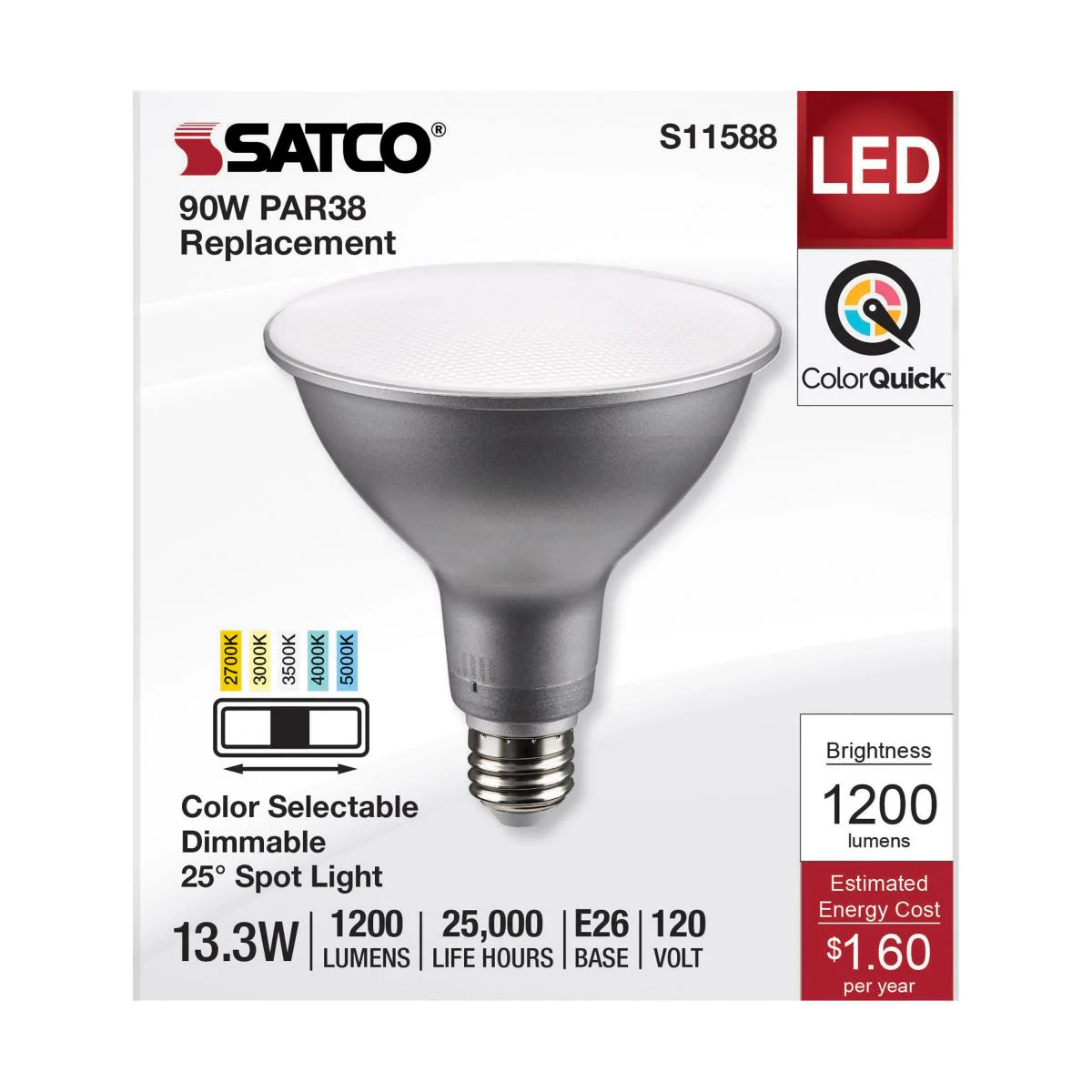 Satco 13.3 Watt PAR38 LED CCT Selectable 1200LM Narrow Flood 25deg Bulb - Image 3