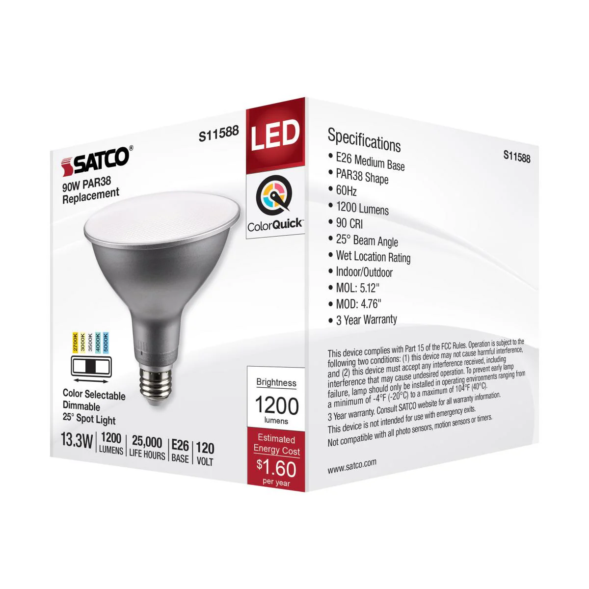 Satco 13.3 Watt PAR38 LED CCT Selectable 1200LM Narrow Flood 25deg Bulb - Image 5